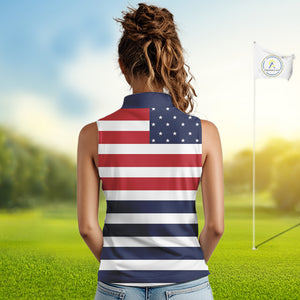 Custom American Flag Sleeveless Golf Polo Shirt, Personalized Patriotic Ladies Golf attire NQS10500