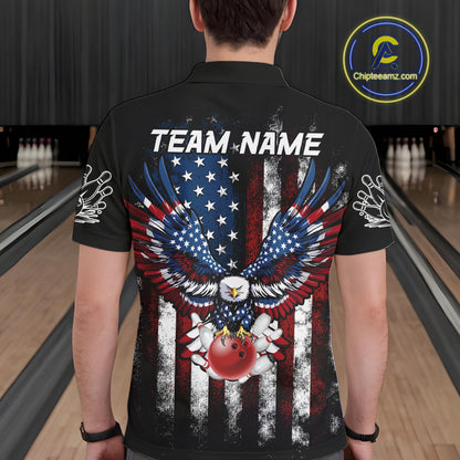Vintage American Flag Eagle Black Bowling Shirts for Men Custom Patriotic Team Bowling Jerseys NQS10501