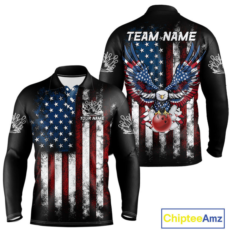 Vintage American Flag Eagle Black Bowling Shirts for Men Custom Patriotic Team Bowling Jerseys NQS10501