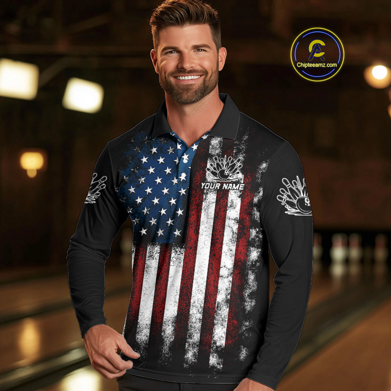 Vintage American Flag Eagle Black Bowling Shirts for Men Custom Patriotic Team Bowling Jerseys NQS10501