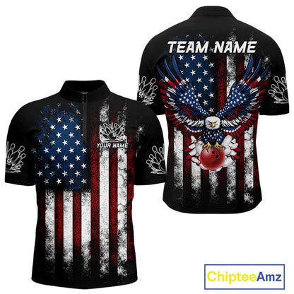 Vintage American Flag Eagle Black Bowling Shirts for Men Custom Patriotic Team Bowling Jerseys NQS10501