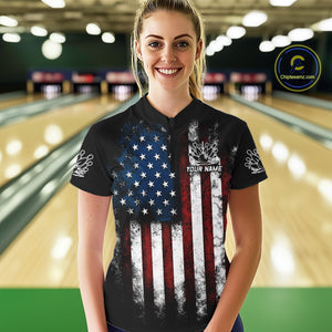 Vintage American Flag Eagle Black Bowling Shirts for Women Custom Patriotic Team Bowling Jerseys NQS10501