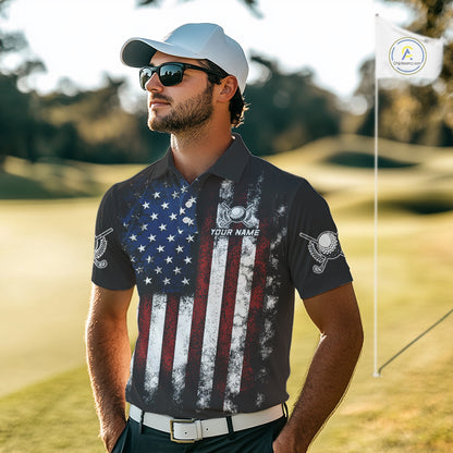 Vintage American Flag Eagle Black Golf Polo Shirts For Men Custom mens patriotic golf shirts NQS10502