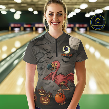 Funny Flamingo Halloween Bowling Polo, 1/4 Zip Shirt For Women Custom Halloween Bowling Team Jersey NQS10703