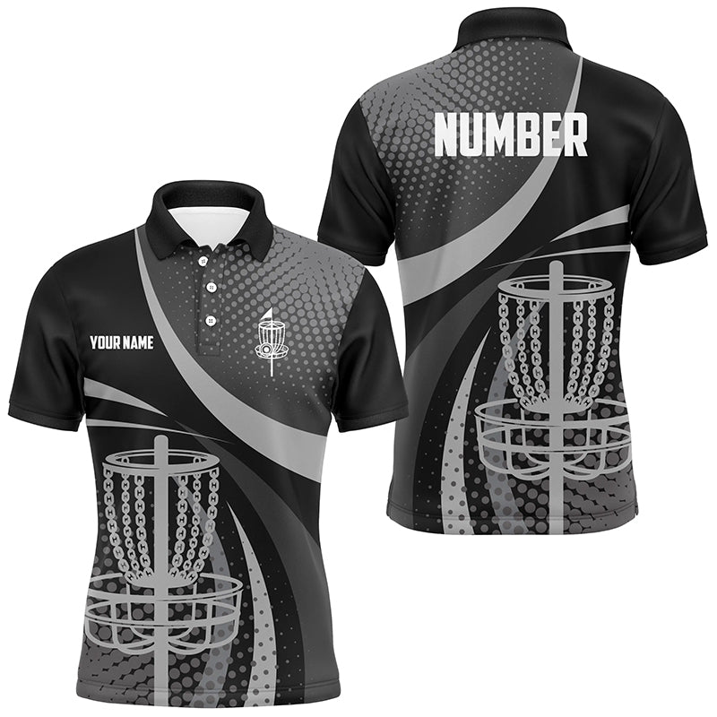 Black and Grey Dot pattern disc golf basket custom Men disc golf polo shirt, frisbee golf jersey NQS8749