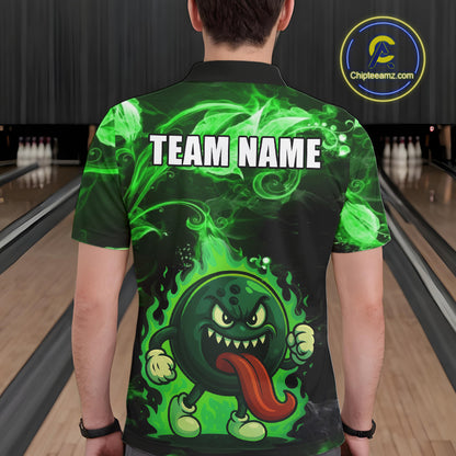 Personalized Funny Bowling Shirts for Men Green Flame Custom Bowling Team Outfit, Gift For Bowlers NQS10909