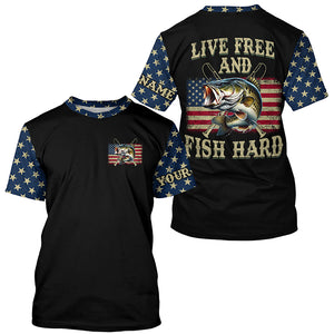 Live Free and Fish Hard American Flag Bass fishing Custom Name 3D All over printed Fishing gift NQS2521