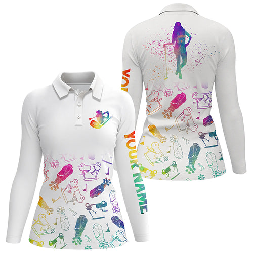 Womens golf polo shirt custom name watercolor golf icons, gifts for golf lovers NQS4389
