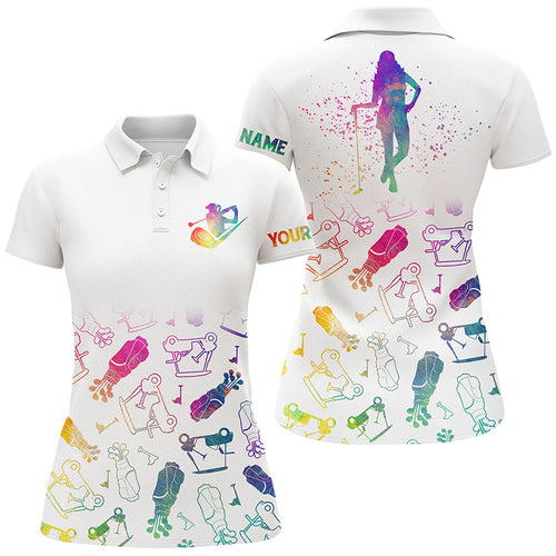 Womens golf polo shirt custom name watercolor golf icons, gifts for golf lovers NQS4389