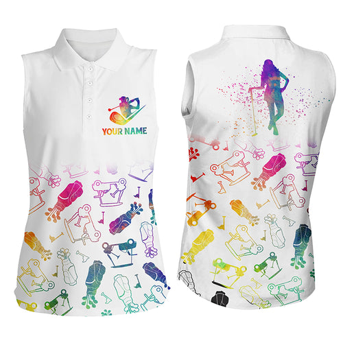 Womens sleeveless polo shirt custom watercolor golf icons, gifts for golf lovers NQS4389