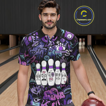 Custom Purple graffiti pattern Funny Bowling Polo, Quarter Zip Shirts For Men, Team Bowling Jersey NQS11099
