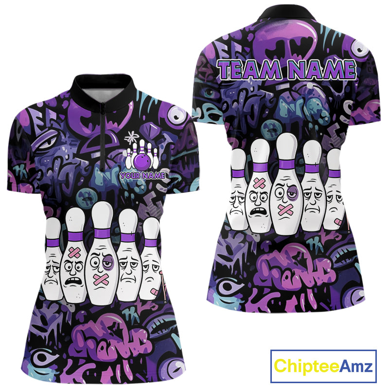 Custom Purple graffiti pattern Funny Bowling Polo, Quarter Zip Shirts For Women, Team Bowling Jersey NQS11099