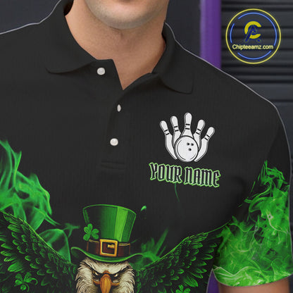 Green Flame Smoke St Patrick's Day Eagle Skull Men's Bowling Shirts Custom Lucky Bowling Team Jersey NQS11286