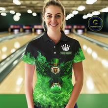 Load image into Gallery viewer, Green Flame Smoke St Patrick's Day Eagle Skull Women's Bowling Shirt Custom Lucky Bowling Team Jersey NQS11286