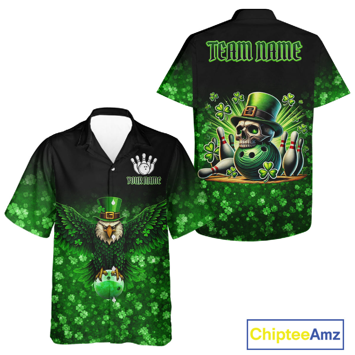 Green shamrock St Patrick's Day Eagle Skull Bowling Hawaiian shirt Custom Lucky Bowling Team Jersey NQS11287