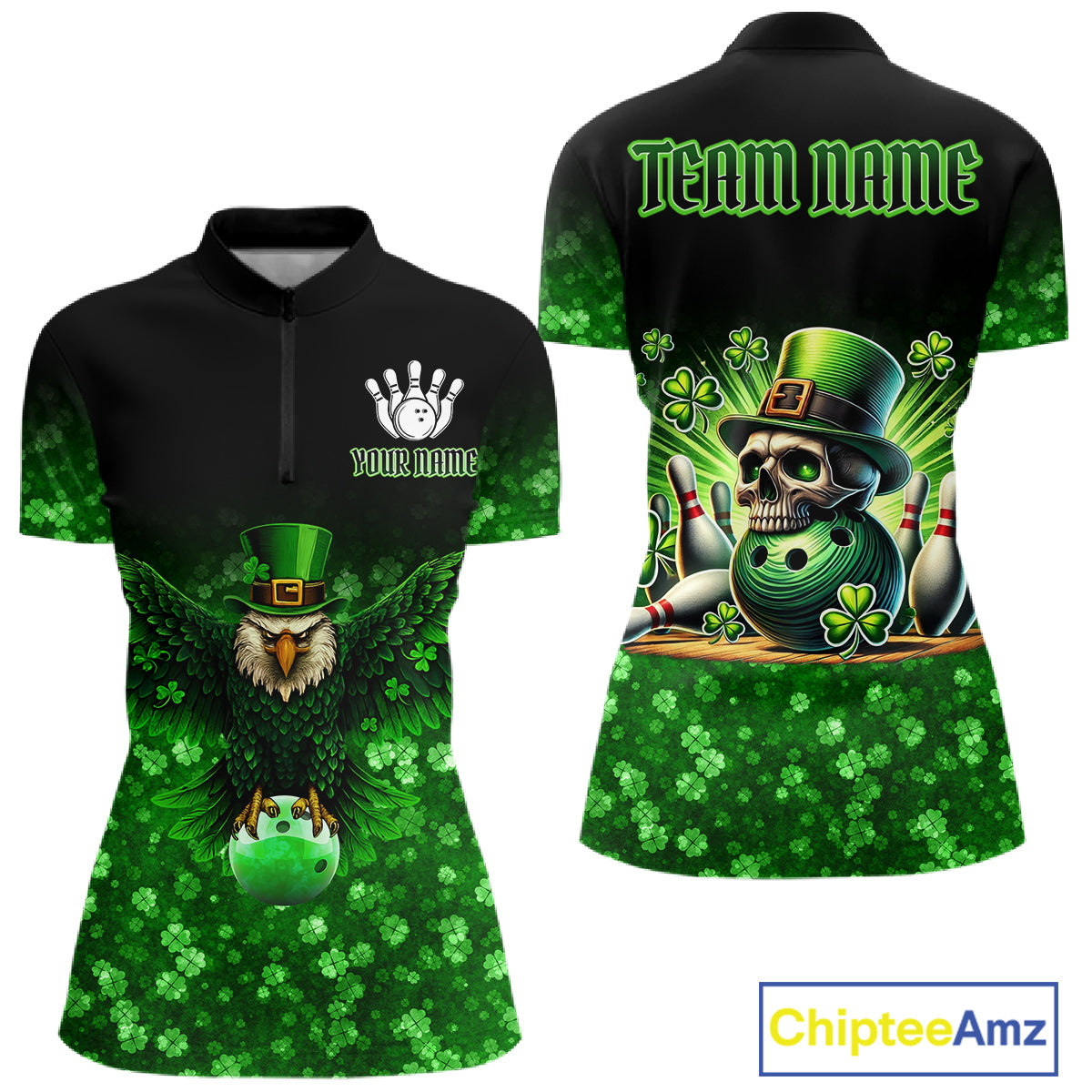 Green shamrock St Patrick's Day Eagle Skull Women's Bowling Shirts Custom Lucky Bowling Team Jersey NQS11287