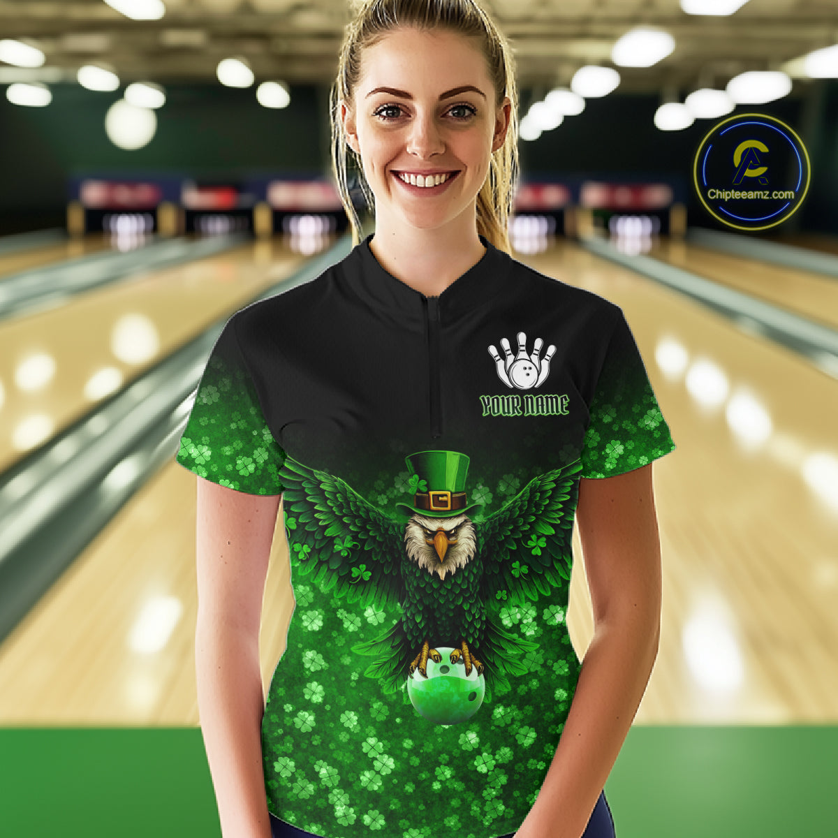 Green shamrock St Patrick's Day Eagle Skull Women's Bowling Shirts Custom Lucky Bowling Team Jersey NQS11287