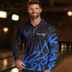 Black and Blue Camo Bowling Polo, Quarter Zip Shirts For Men Custom Team Bowling Jersey bowlers outfit NQS9417