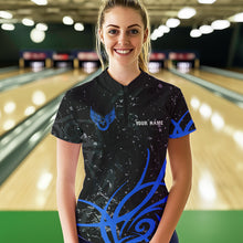 Load image into Gallery viewer, Black and Blue Camo Bowling Polo, Quarter Zip Shirt For Women Custom Team Bowling Jersey bowler outfit NQS9417