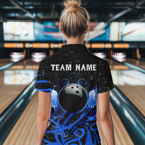 Black and Blue Camo Bowling Polo, Quarter Zip Shirt For Women Custom Team Bowling Jersey bowler outfit NQS9417