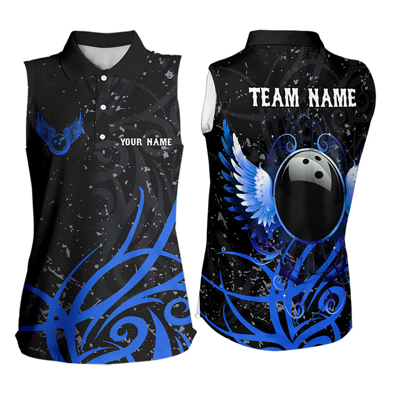 Black and Blue Camo Bowling Sleeveless Polo Shirts Custom Team Bowling Jerseys, gift for bowlers NQS9417