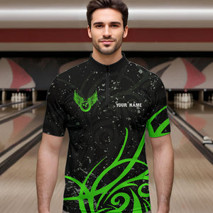 Black and Green Camo Bowling Polo, Quarter Zip Shirt For Men Custom Team Bowling Jersey bowlers outfit NQS9418