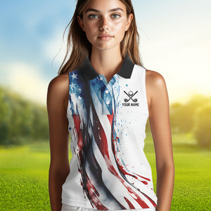 Red, White and Blue American flag Women sleeveless polo shirt Custom patriotic golf top for ladies NQS9419