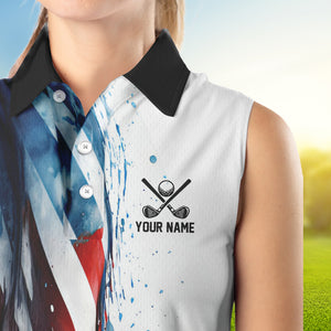 Red, White and Blue American flag Women sleeveless polo shirt Custom patriotic golf top for ladies NQS9419