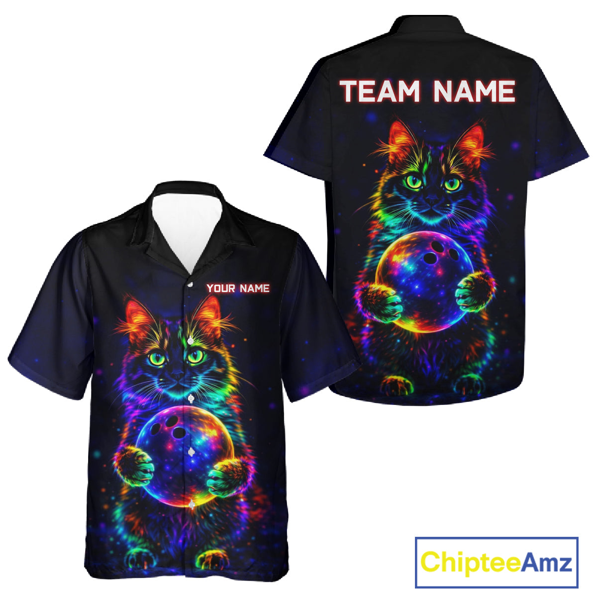 Neon Cat Hawaiian Bowling shirts Custom Team Bowling Apparel, best bowling shirts NQS11516