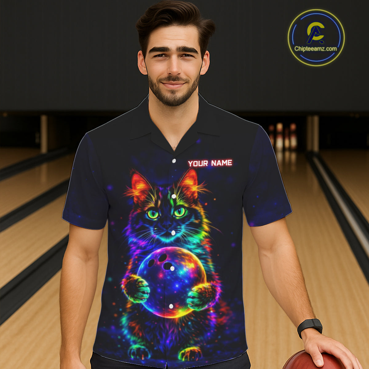 Neon Cat Hawaiian Bowling shirts Custom Team Bowling Apparel, best bowling shirts NQS11516