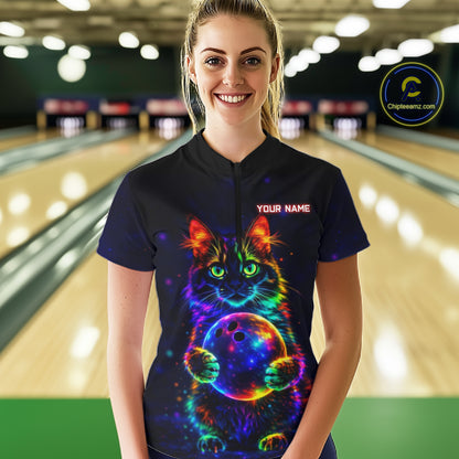 Neon Cat Bowling shirts for Ladies Custom Team Bowling Apparel, best bowling shirts NQS11516