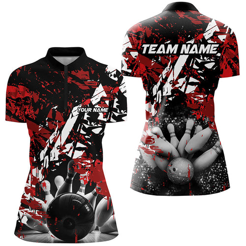 Black and red camo bowling ball and pins custom Women Bowling Quarter Zip Shirt, team bowling jerseys NQS7507