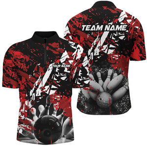 Black and red camo bowling ball and pins custom Men Bowling Quarter Zip Shirts, team bowling jerseys NQS7507