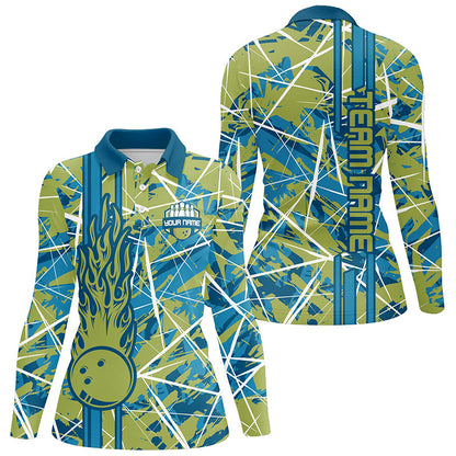 Green flame bowling ball camo custom Womens Bowling Polo Shirts, team bowling jerseys gift for bowler NQS7508