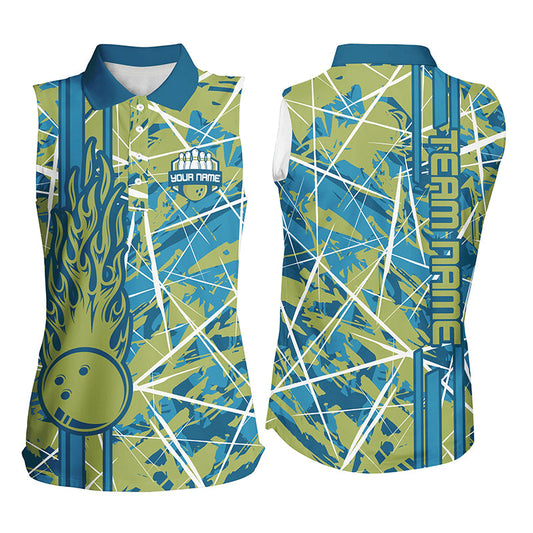 Green flame bowling ball camo custom Women sleeveless Polo Shirt, team bowling jerseys gift for bowler NQS7508