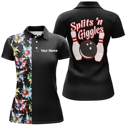 Splits 'n Giggles Black Polo Shirt for women, personalized vintage womens bowling shirts NQS5521