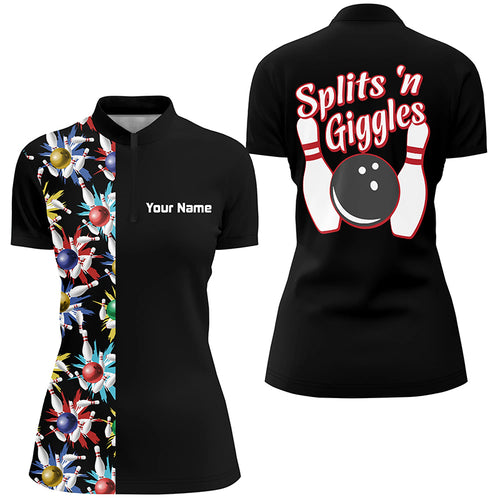 Splits 'n Giggles Black Quarter-Zip Shirts for women, personalized vintage womens bowling shirts NQS5521