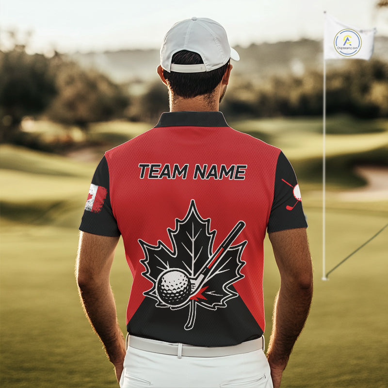 Black and Red maple leaf Mens golf polo shirts custom patriotic Canadian Flag golf attire for mens NQS9993