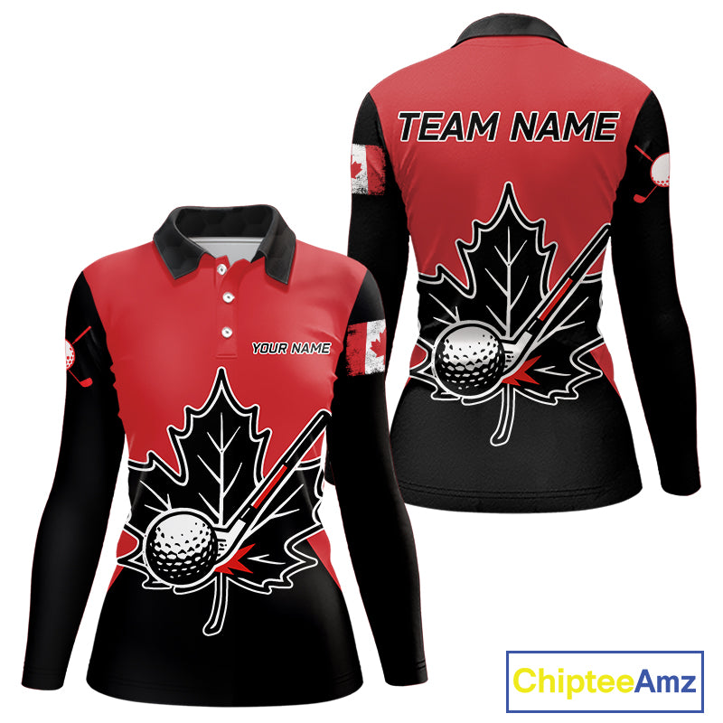 Black and Red maple leaf Womens golf polo shirts custom patriotic Canadian Flag ladies golf attire NQS9993