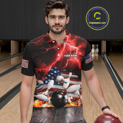 Red Lightning thunder storm American Flag Bowling Shirts For Men Custom Bowling Team League Jerseys NQS10290