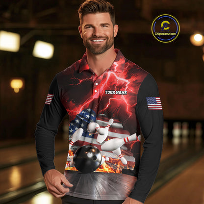 Red Lightning thunder storm American Flag Bowling Shirts For Men Custom Bowling Team League Jerseys NQS10290