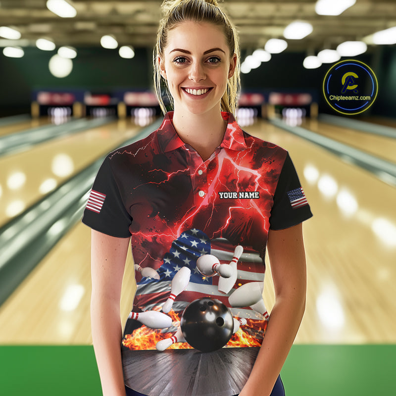 Red Lightning thunder storm American Flag Bowling Shirts For Women Custom Bowling Team League Jerseys NQS10290
