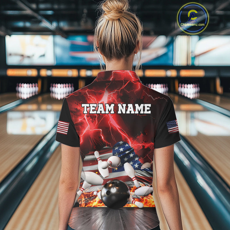 Red Lightning thunder storm American Flag Bowling Shirts For Women Custom Bowling Team League Jerseys NQS10290