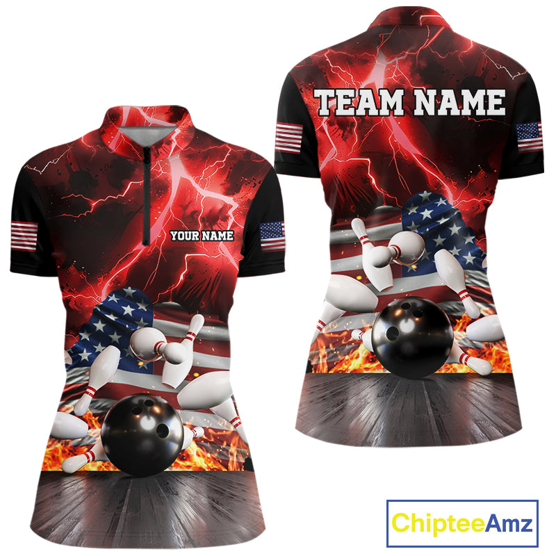 Red Lightning thunder storm American Flag Bowling Shirts For Women Custom Bowling Team League Jerseys NQS10290