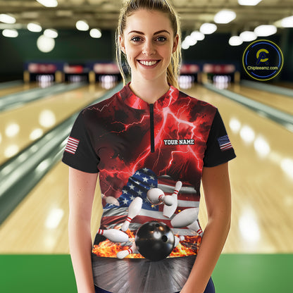 Red Lightning thunder storm American Flag Bowling Shirts For Women Custom Bowling Team League Jerseys NQS10290
