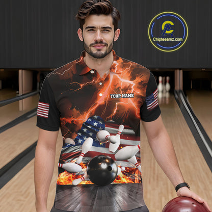 Orange Lightning thunder storm American Flag Bowling Shirt For Men Custom Bowling Team League Jerseys NQS10291