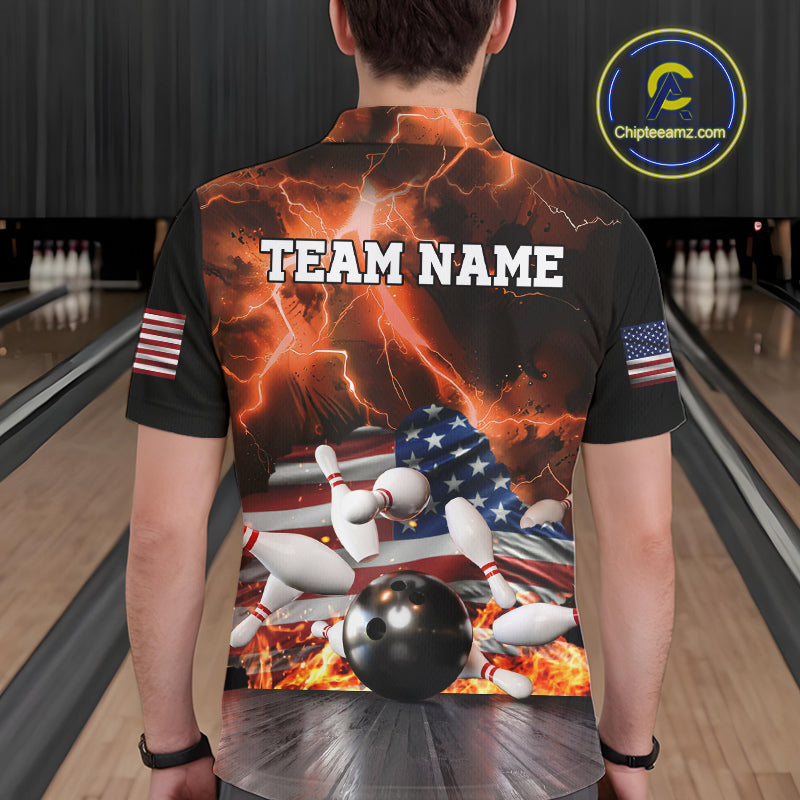 Orange Lightning thunder storm American Flag Bowling Shirt For Men Custom Bowling Team League Jerseys NQS10291