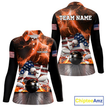Load image into Gallery viewer, Orange Lightning thunder American Flag Bowling Shirt For Women Custom Bowling Team League Jersey NQS10291