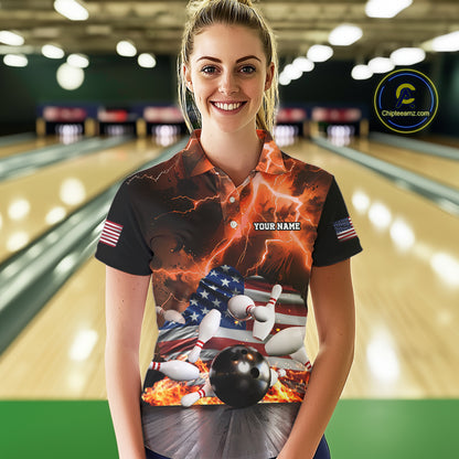 Orange Lightning thunder American Flag Bowling Shirt For Women Custom Bowling Team League Jersey NQS10291
