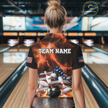 Load image into Gallery viewer, Orange Lightning thunder American Flag Bowling Shirt For Women Custom Bowling Team League Jersey NQS10291